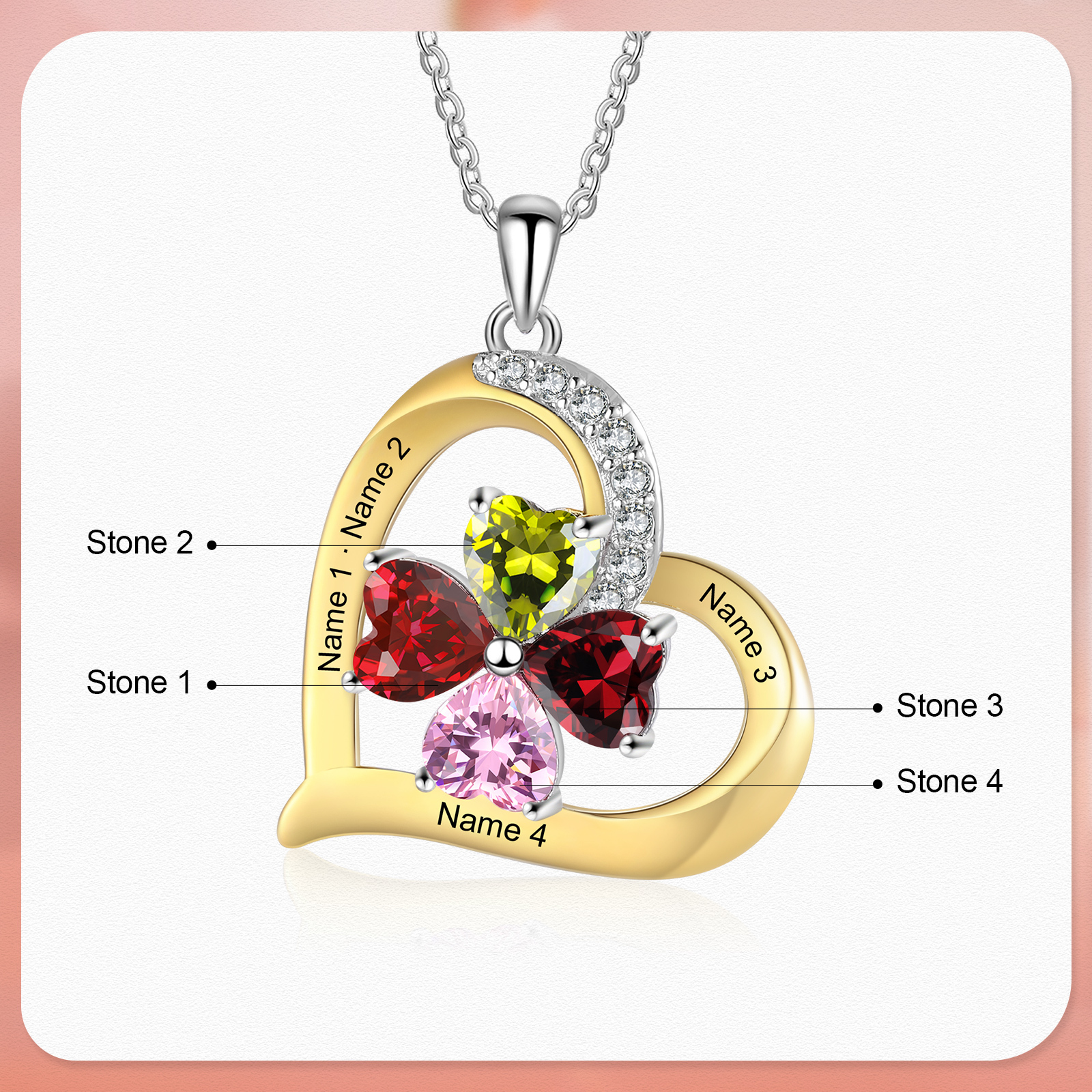 Personalised Women's Necklace with 4 Names & 4 Birthstones - Heart Pendant Christmas Gift for Her | Jessemade
