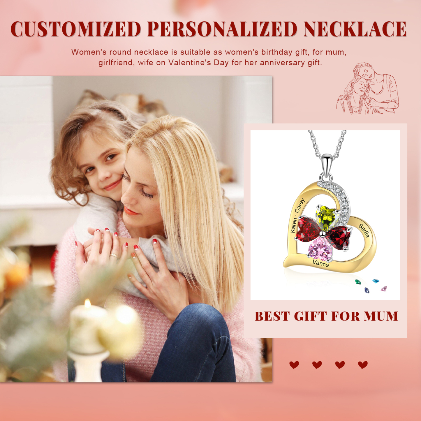 Personalised Women's Necklace with 4 Names & 4 Birthstones - Heart Pendant Christmas Gift for Her | Jessemade