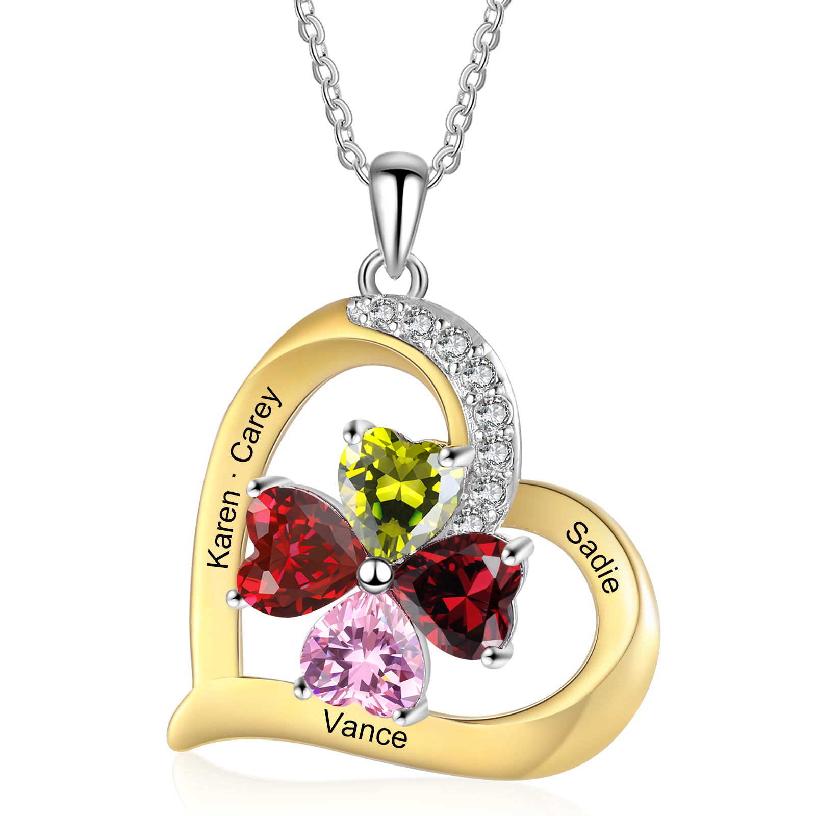 Personalised Women's Necklace with 4 Names & 4 Birthstones - Heart Pen