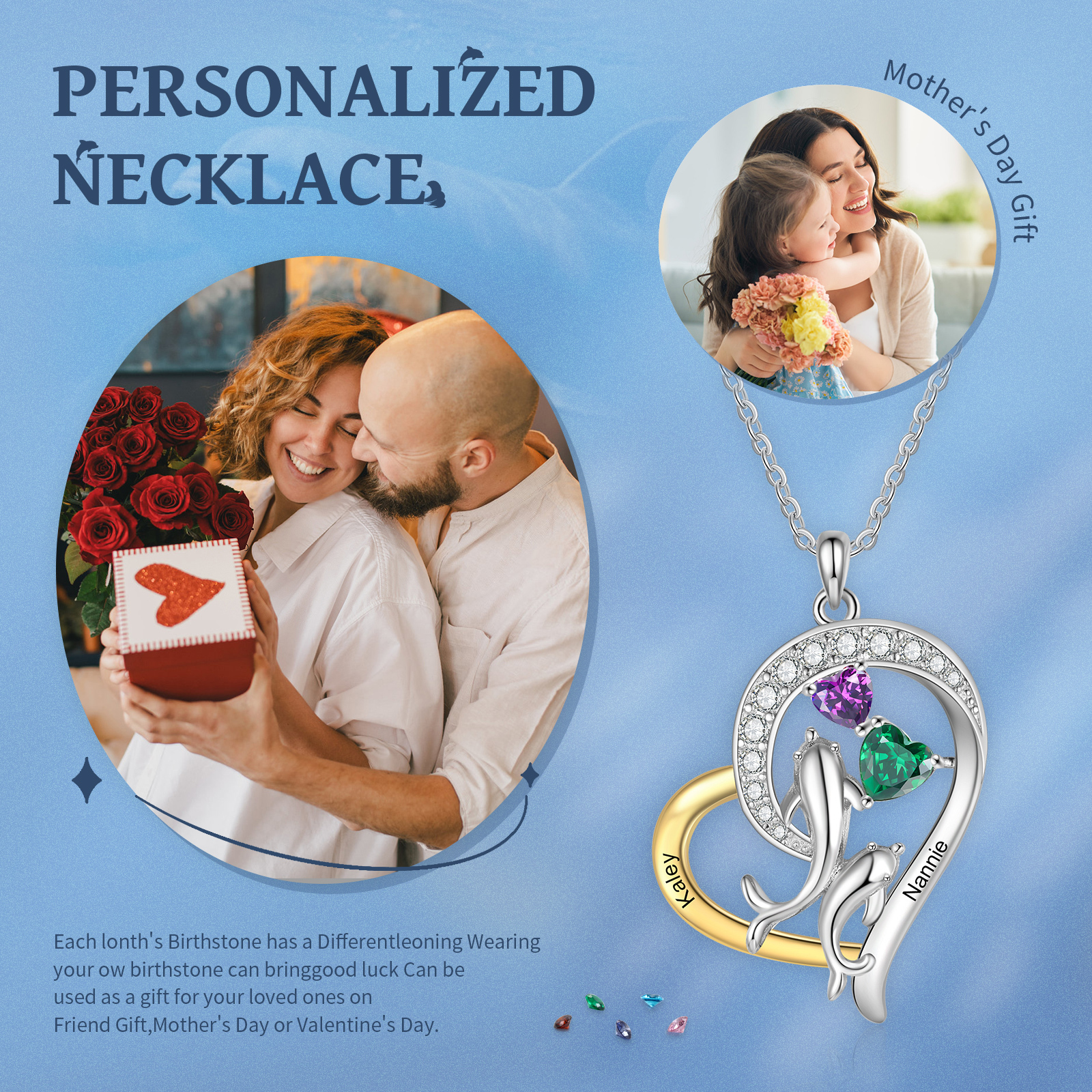 Personalised Dolphin Heart Necklace with Custom 2 Names & 2 Birthstones Christmas Gift for Her | Jessemade