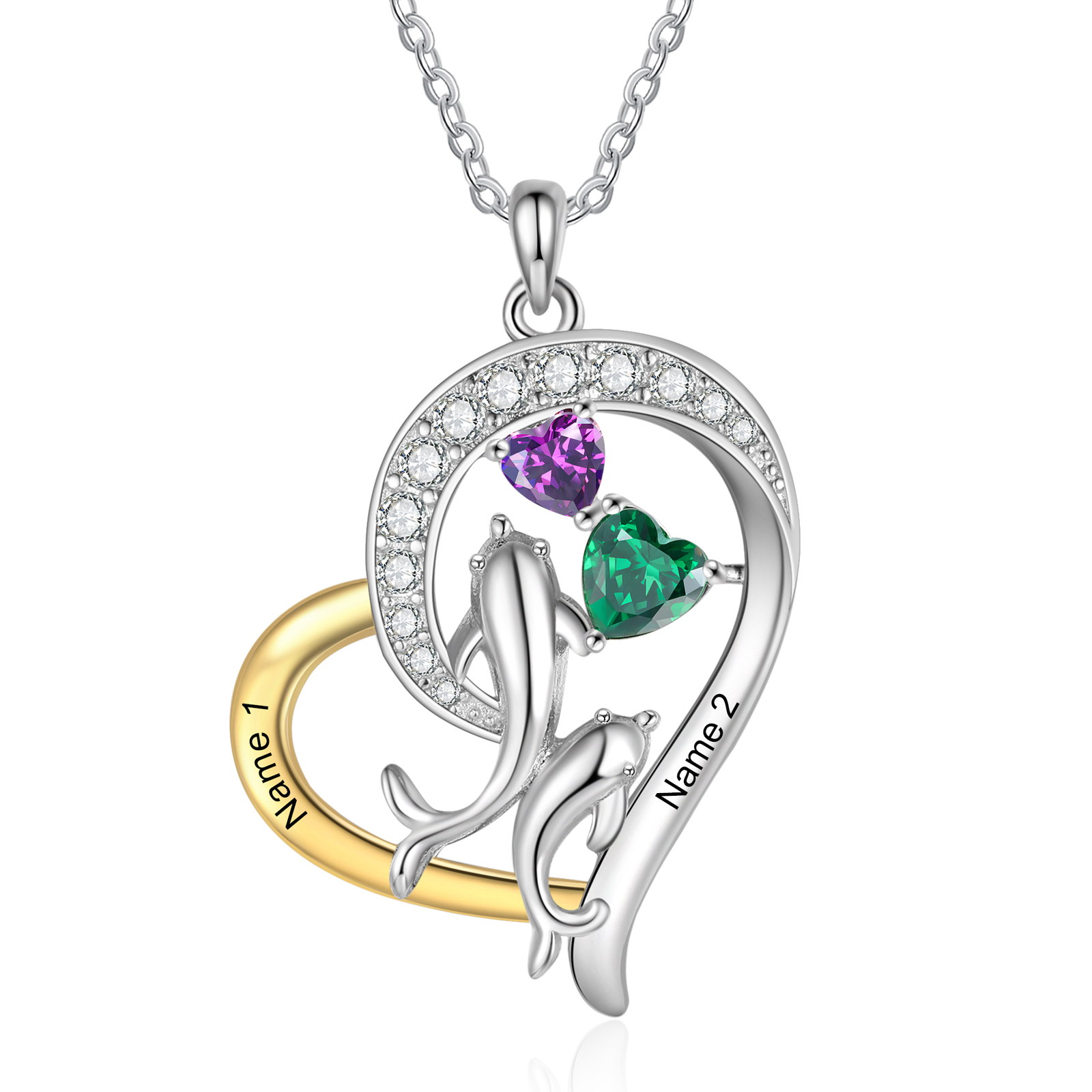 Personalised Dolphin Heart Necklace with Custom 2 Names & 2 Birthstones Christmas Gift for Her | Jessemade