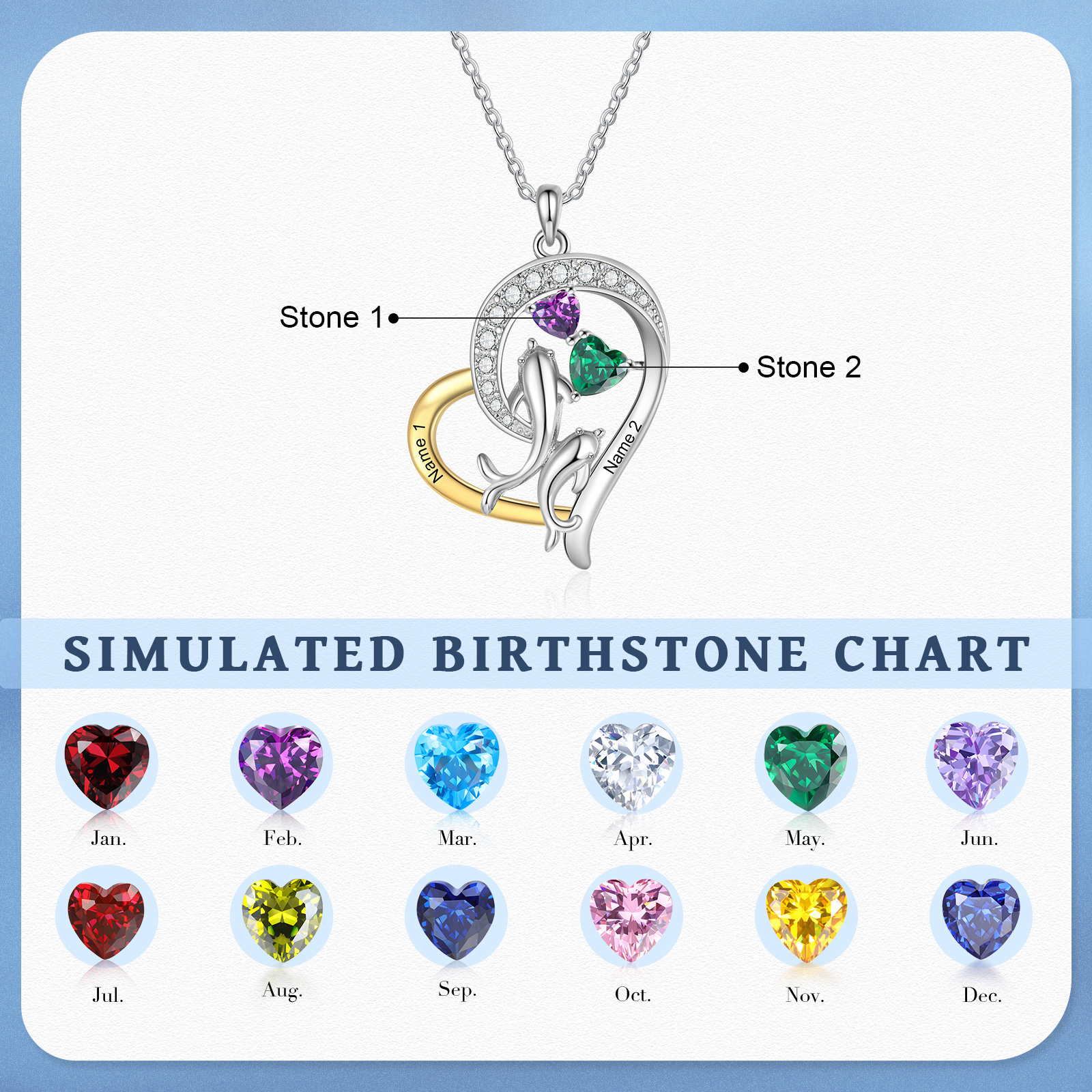 Personalised Dolphin Heart Necklace with Custom 2 Names & 2 Birthstones Christmas Gift for Her | Jessemade