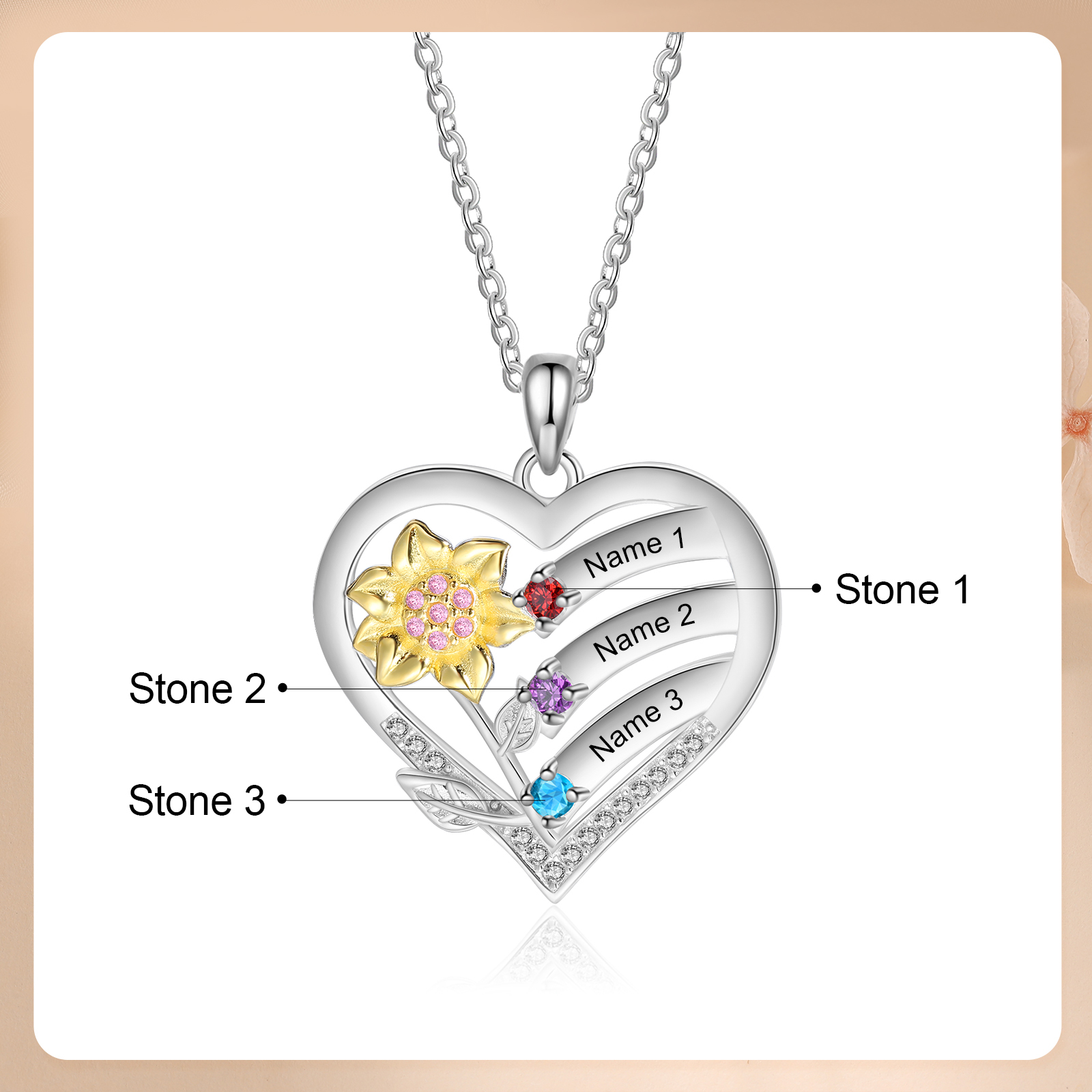 S925 Silver Heart Birthstone Necklace with Sunflower Design - Custom 3 Names & 3 Birthstones Gift for Her | Jessemade