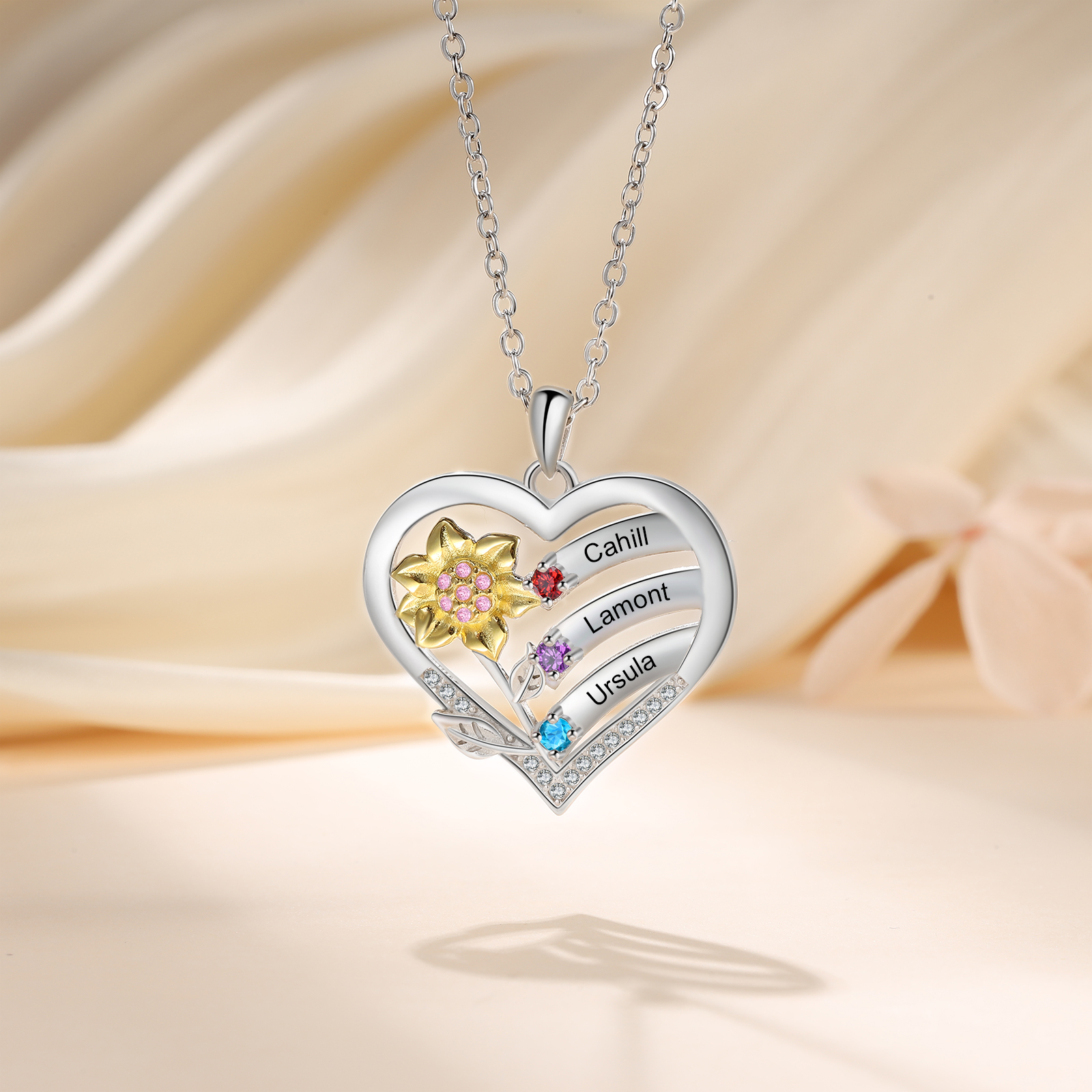 S925 Silver Heart Birthstone Necklace with Sunflower Design - Custom 3 Names & 3 Birthstones Gift for Her | Jessemade