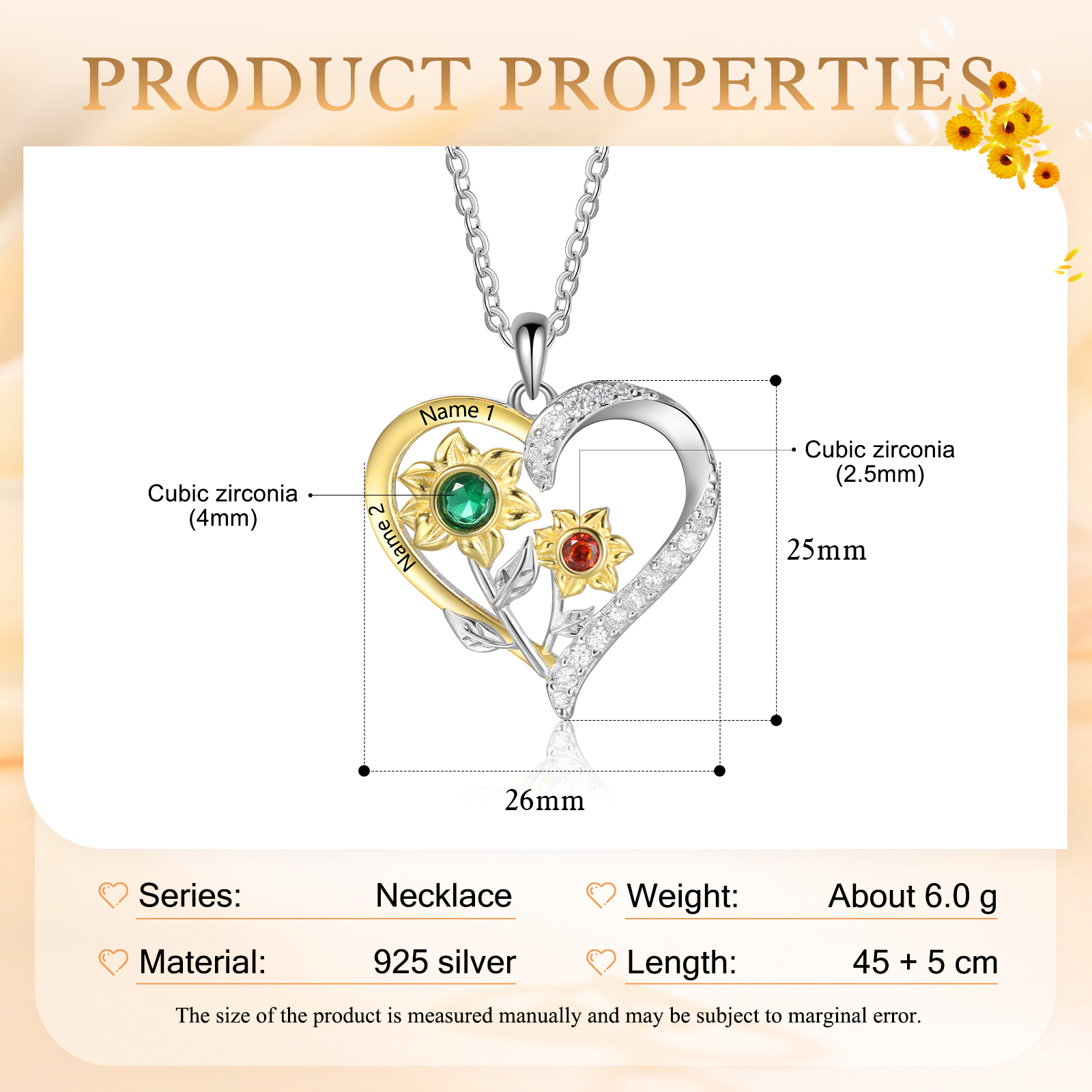 Personalised Sunflower Heart Birthstone Necklace in S925 Silver,Custom 2 Names & 2 Birthstones for Her | essemade