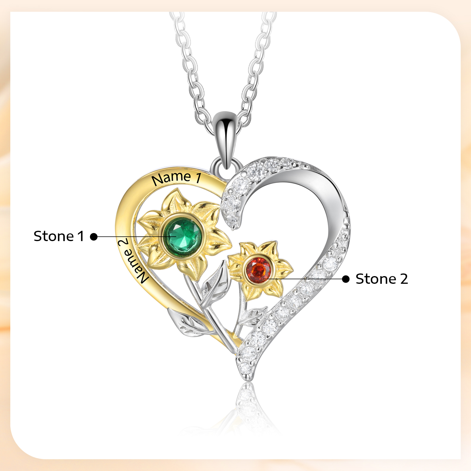 Personalised Sunflower Heart Birthstone Necklace in S925 Silver,Custom 2 Names & 2 Birthstones for Her | essemade