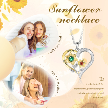 Personalised Sunflower Heart Birthstone Necklace in S925 Silver,Custom 2 Names & 2 Birthstones for Her | essemade