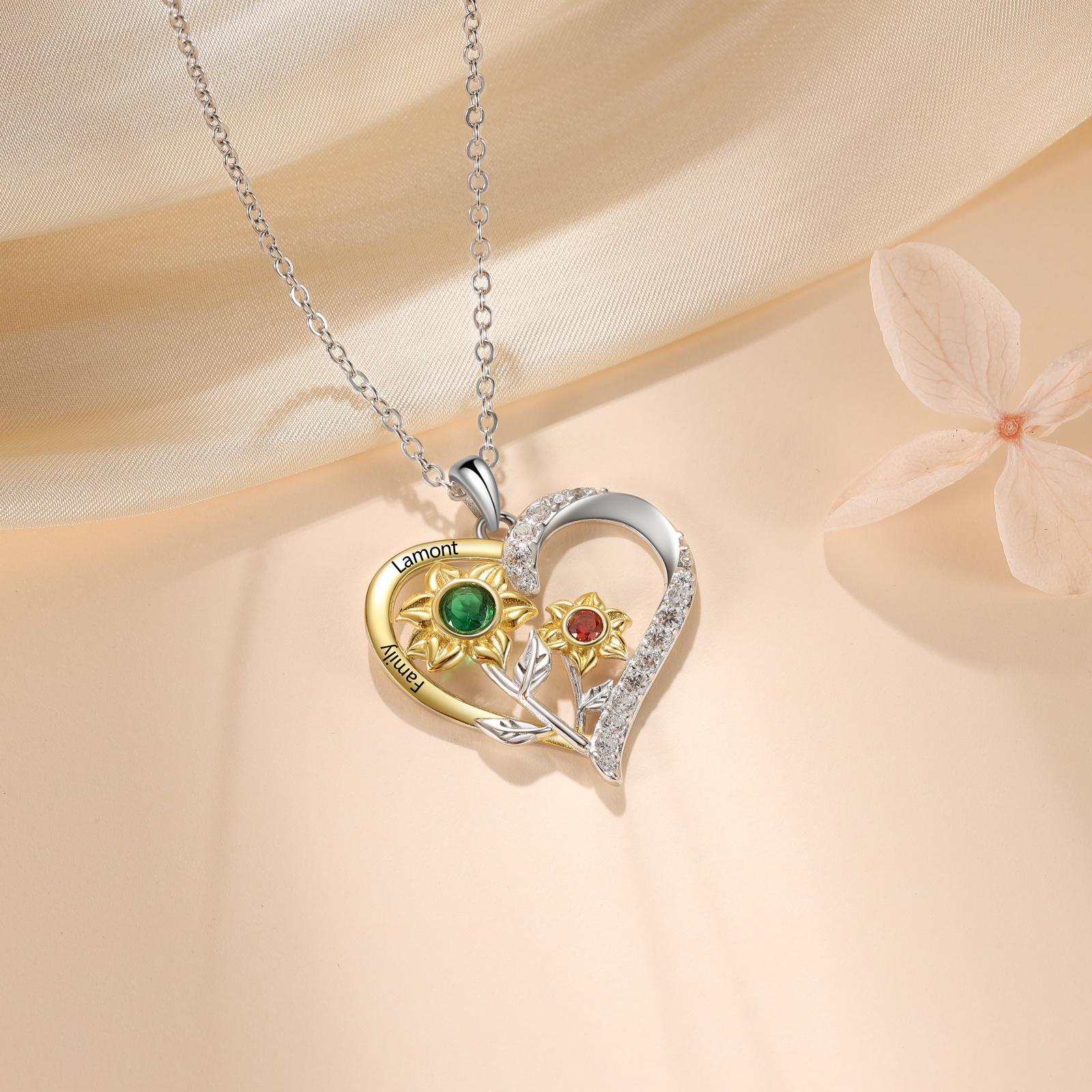 Personalised Sunflower Heart Birthstone Necklace in S925 Silver,Custom 2 Names & 2 Birthstones for Her | essemade