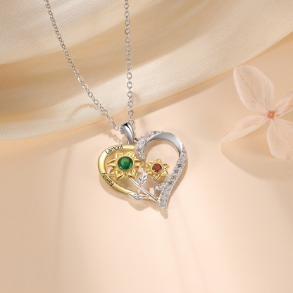 Personalised Sunflower Heart Birthstone Necklace in S925 Silver,Custom 2 Names & 2 Birthstones for Her | essemade