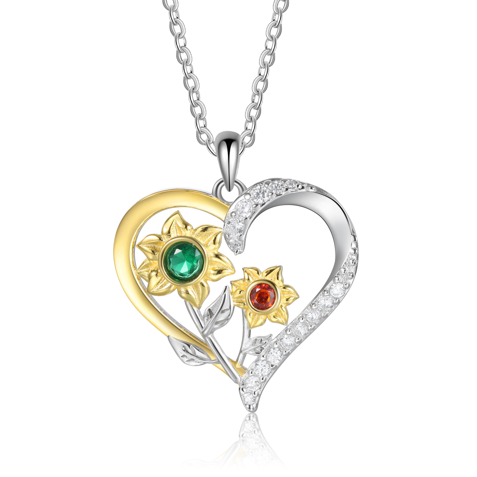 Personalised Sunflower Heart Birthstone Necklace in S925 Silver,Custom 2 Names & 2 Birthstones for Her | essemade