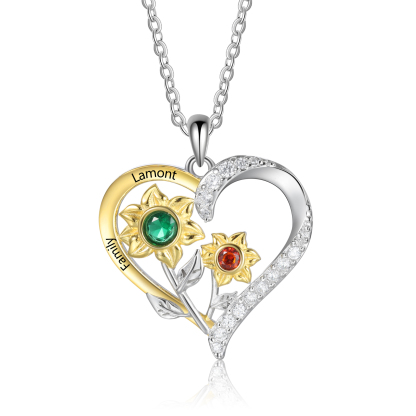 Personalised Sunflower Heart Birthstone Necklace in S925 Silver,Custom
