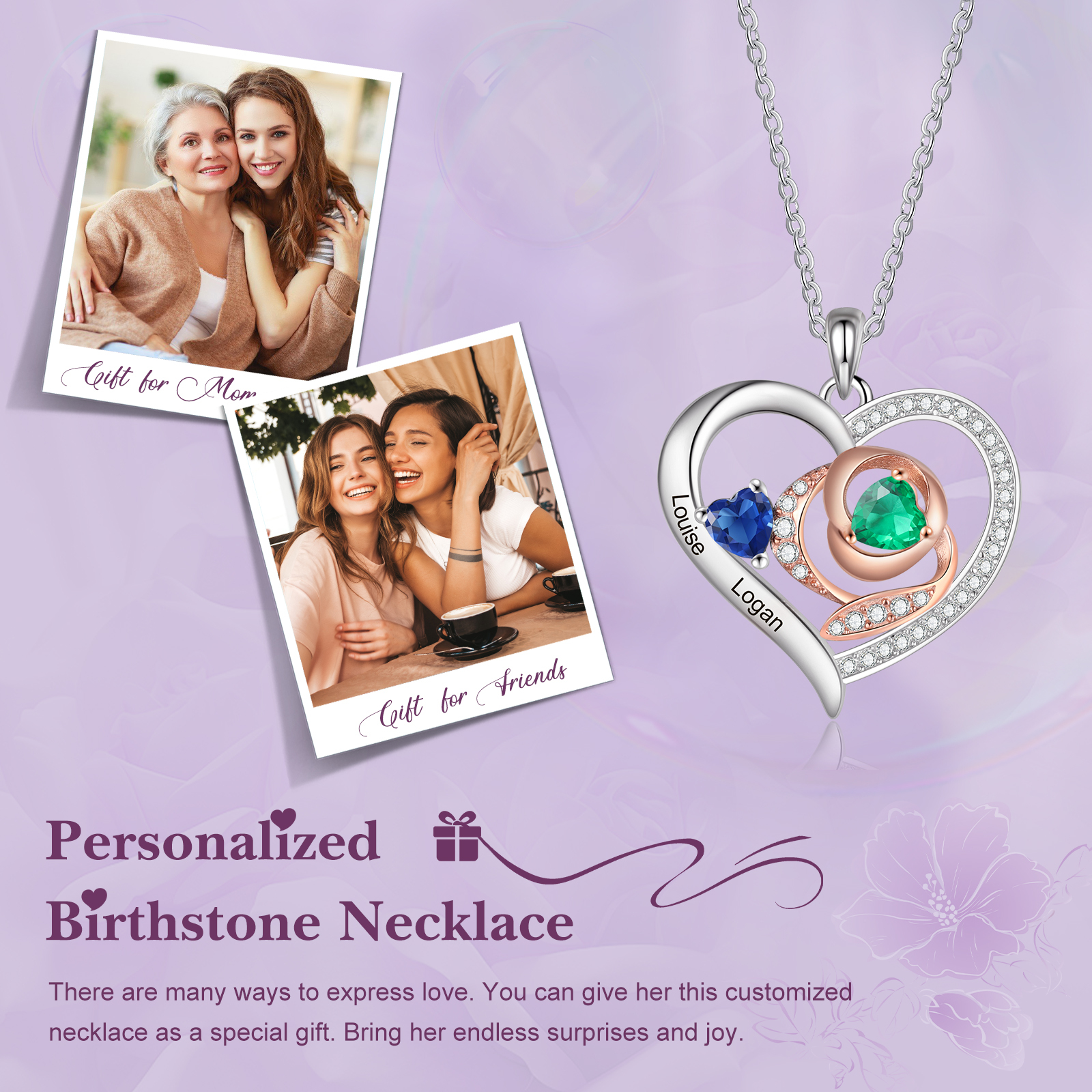Personalised S925 Silver Heart-Shaped Birthstone Necklace - Custom 2 Names & 2 Birthstones Gift for Her | Jessemade