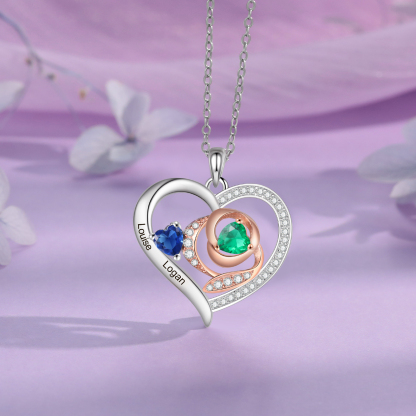 Personalised S925 Silver Heart-Shaped Birthstone Necklace - Custom 2 Names & 2 Birthstones Gift for Her | Jessemade