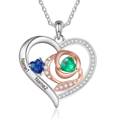 Personalised S925 Silver Heart-Shaped Birthstone Necklace - Custom 2 Names & 2 Birthstones Gift for Her | Jessemade