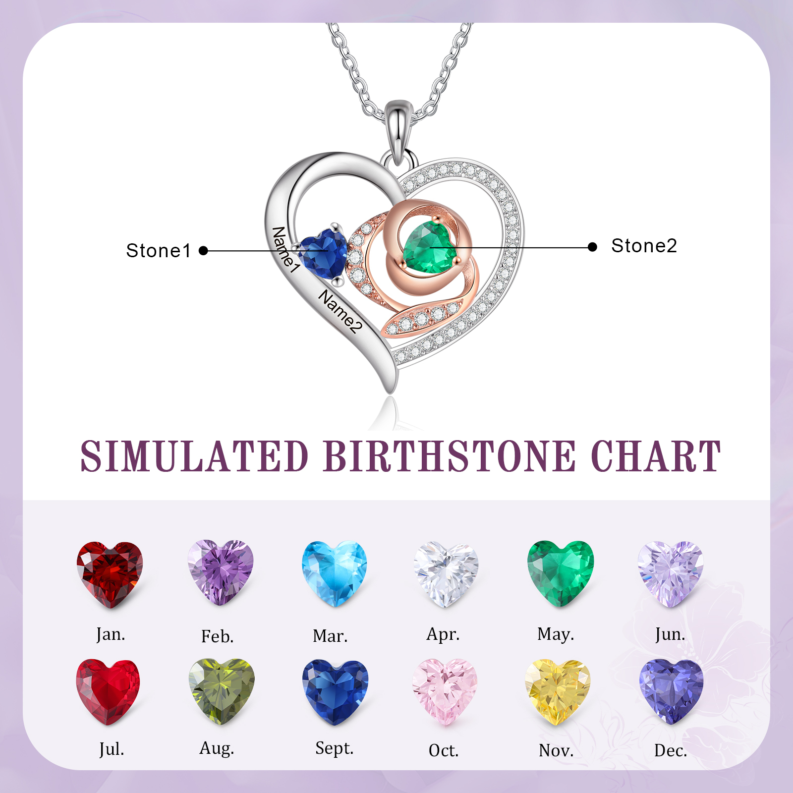 Personalised S925 Silver Heart-Shaped Birthstone Necklace - Custom 2 Names & 2 Birthstones Gift for Her | Jessemade