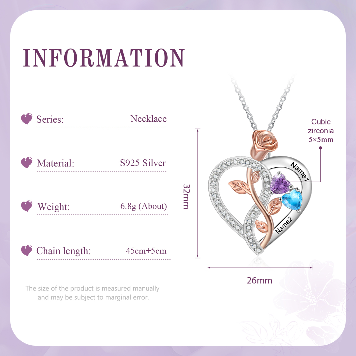 Personalised S925 Silver Heart Birthstone Necklace with Rose Design - Custom 2 Names & 2 Birthstones Gift for Her| Jessemade