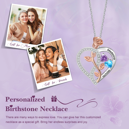 Personalised S925 Silver Heart Birthstone Necklace with Rose Design - Custom 2 Names & 2 Birthstones Gift for Her| Jessemade