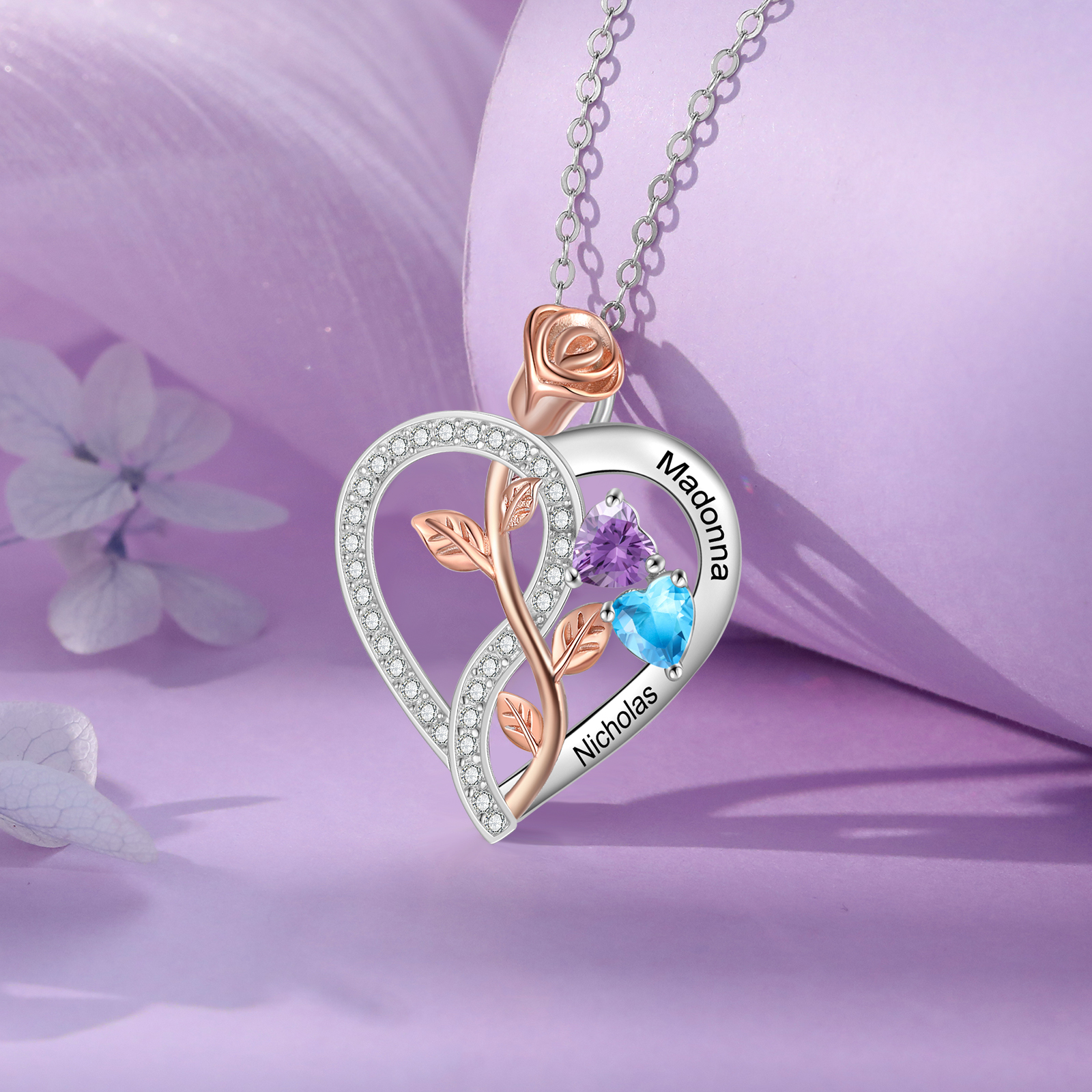 Personalised S925 Silver Heart Birthstone Necklace with Rose Design - Custom 2 Names & 2 Birthstones Gift for Her| Jessemade