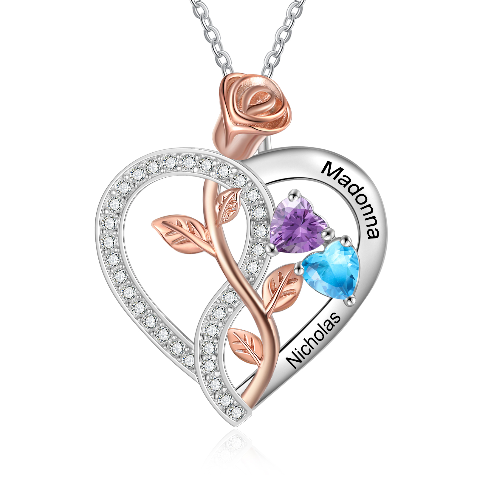 Personalised S925 Silver Heart Birthstone Necklace with Rose Design - Custom 2 Names & 2 Birthstones Gift for Her| Jessemade