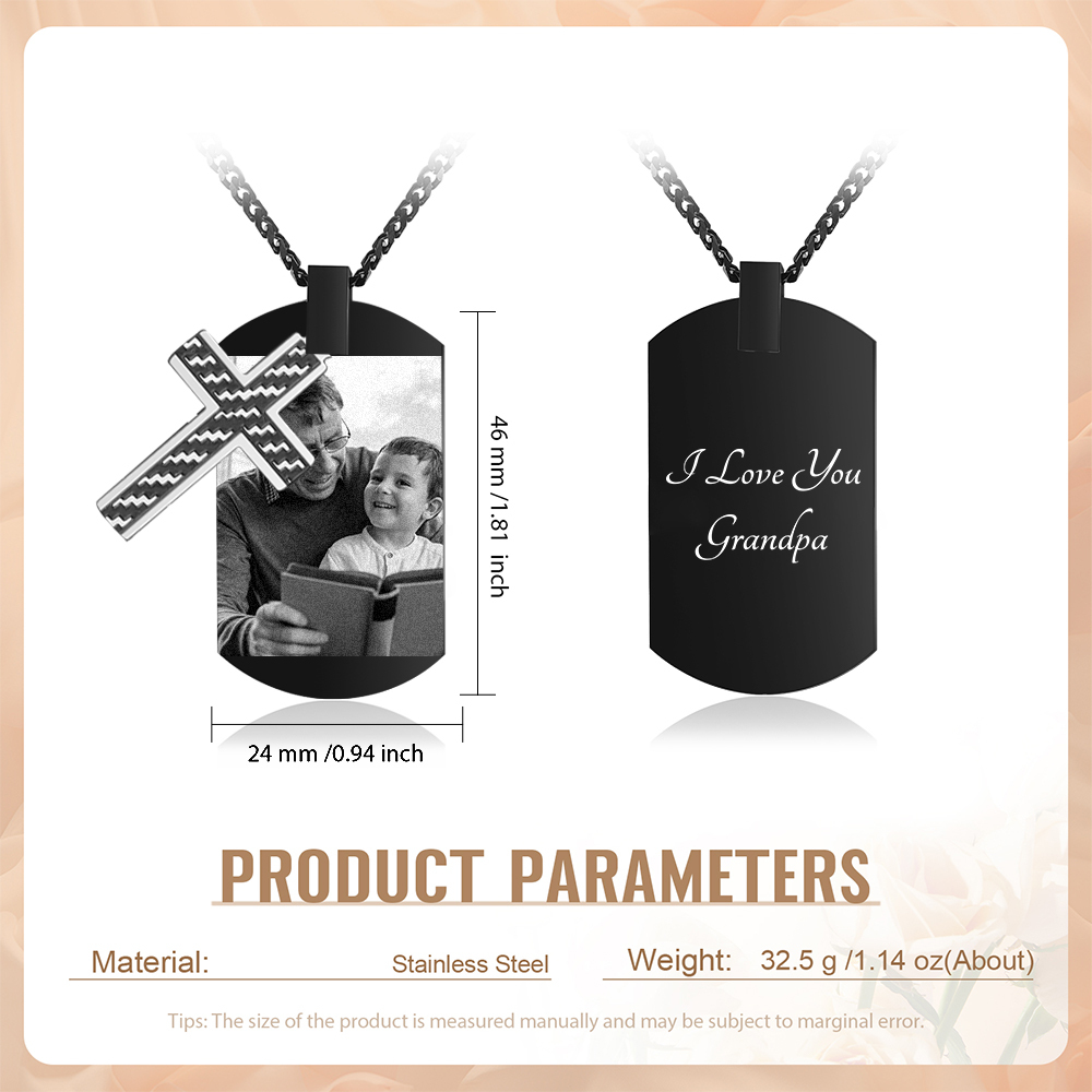 Personalised Cross and Photo Dog Tag Necklace - Custom Photo & Text Memorial Gift for Grandad | Jessmade