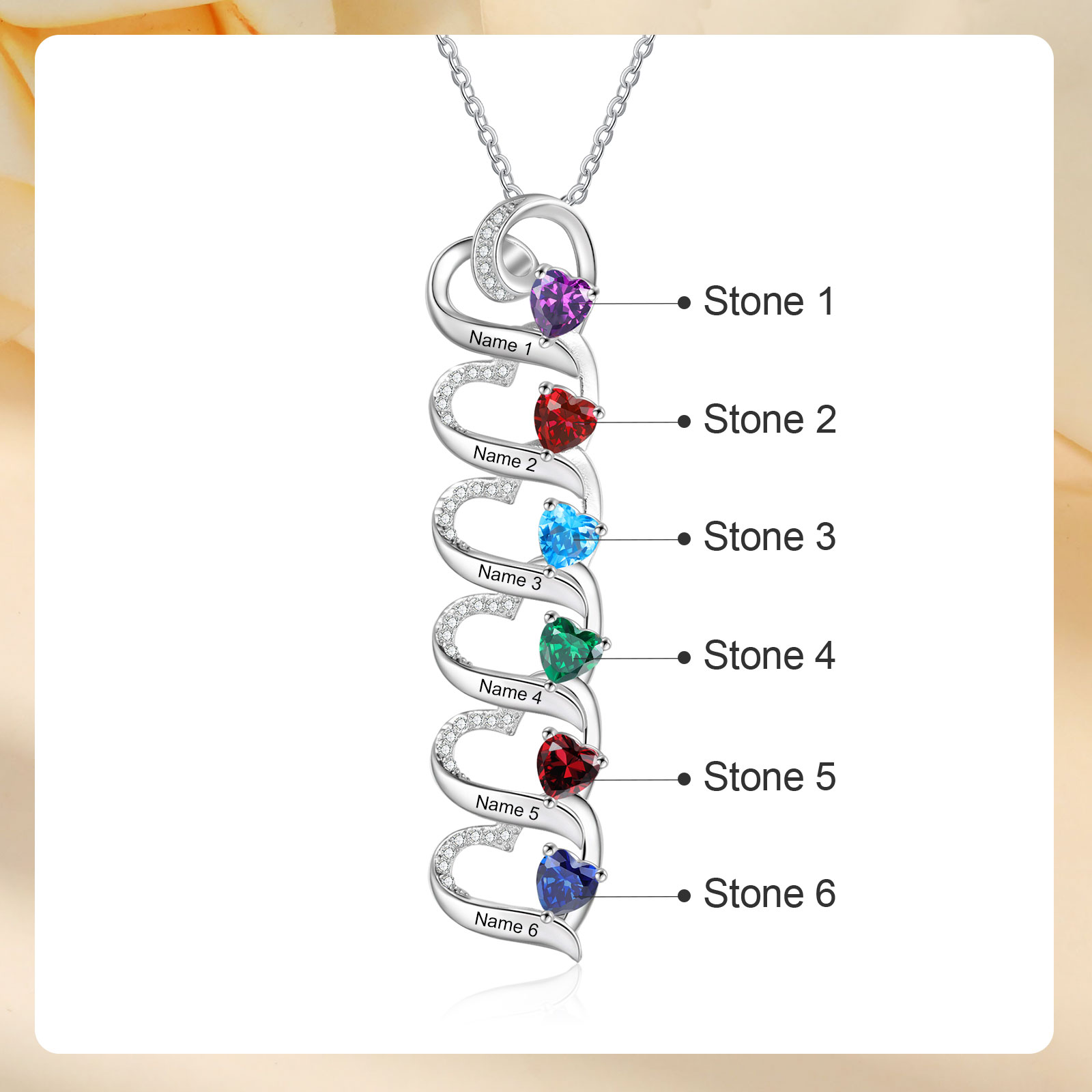 6 Names-Personalised Hearts Necklace Custom Birthstone & Necklace Engraved Names Special Gifts for Her | Jessemade