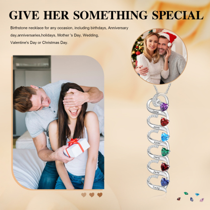 6 Names-Personalised Hearts Necklace Custom Birthstone & Necklace Engraved Names Special Gifts for Her | Jessemade