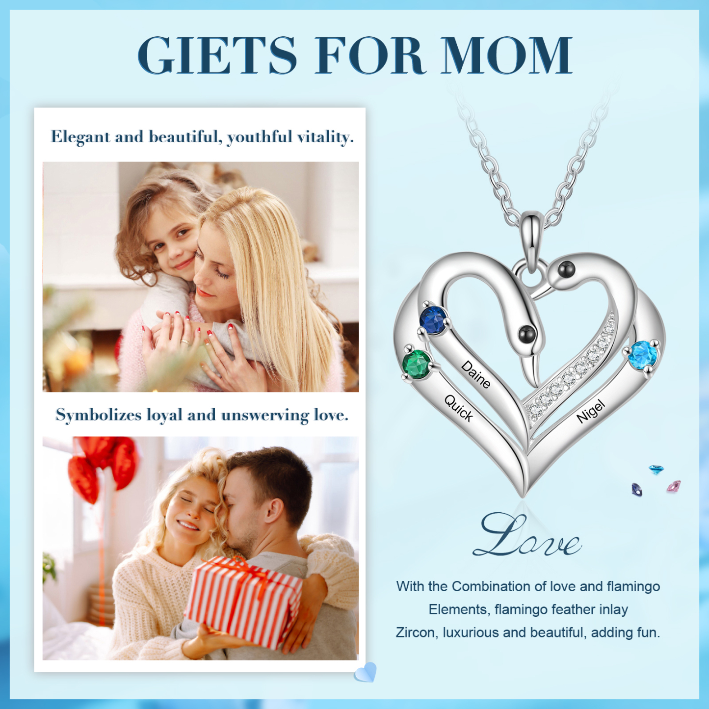 Personalised Heart Necklace – Custom 3 Names & 3 Birthstones Pendant Gift for Mum/Nan | Jessemade