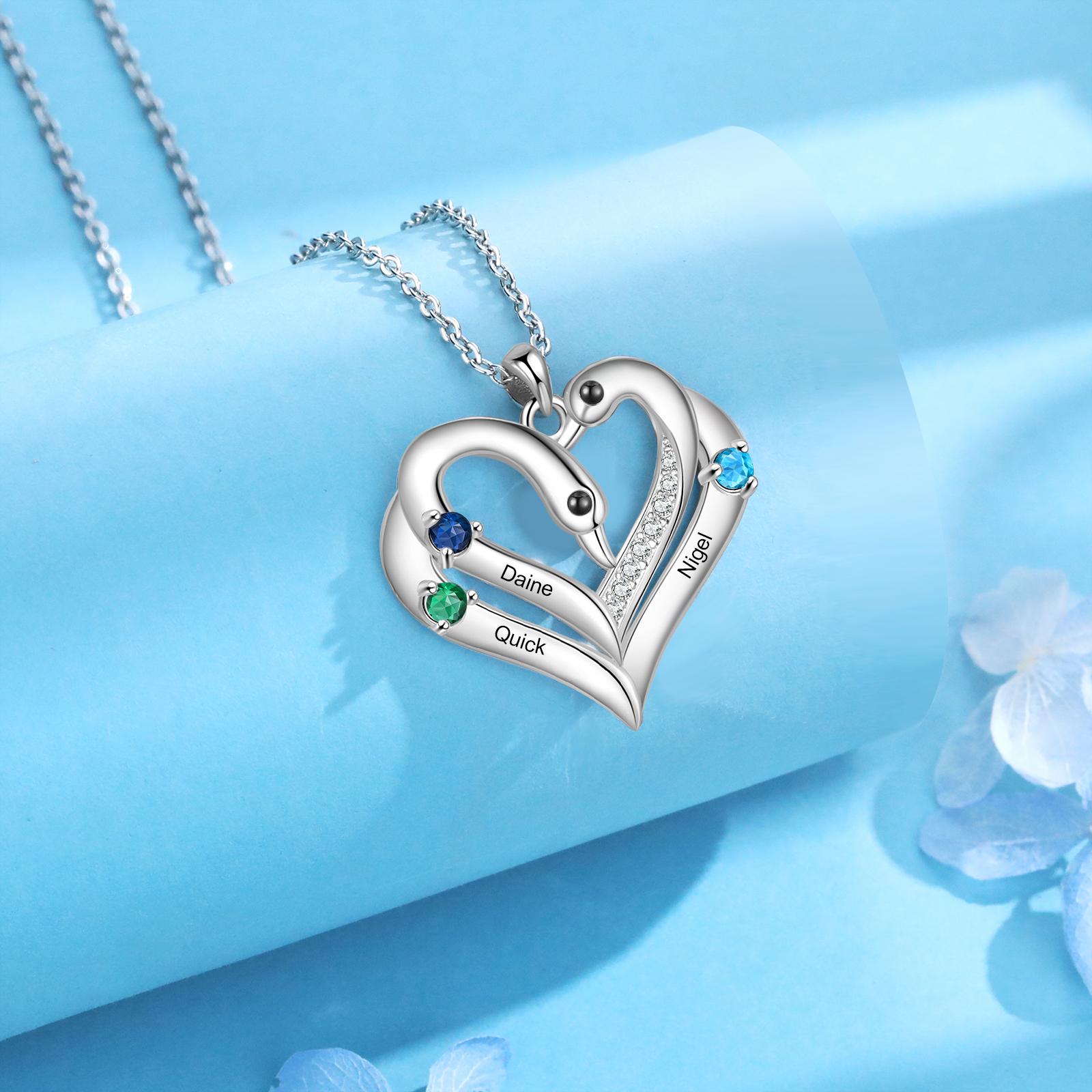 Personalised Heart Necklace – Custom 3 Names & 3 Birthstones Pendant Gift for Mum/Nan | Jessemade