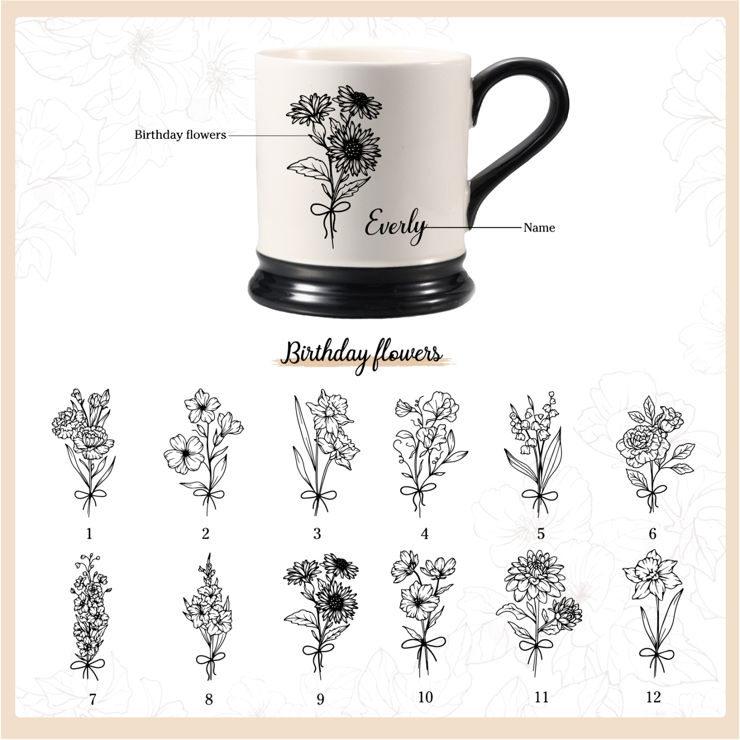Personalised Ceramic Mug with Custom Name & Birth Flower – Thoughtful Gift for Family & Partner | Jessemade