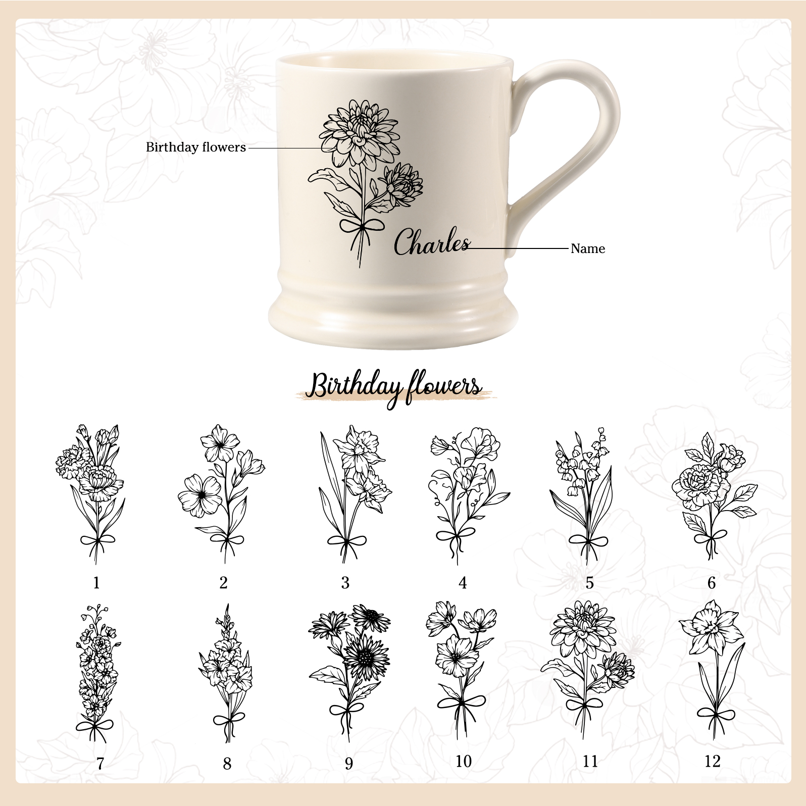 Personalised Ceramic Mug with Custom Name & Birth Flower – Thoughtful Gift for Family & Partner | Jessemade