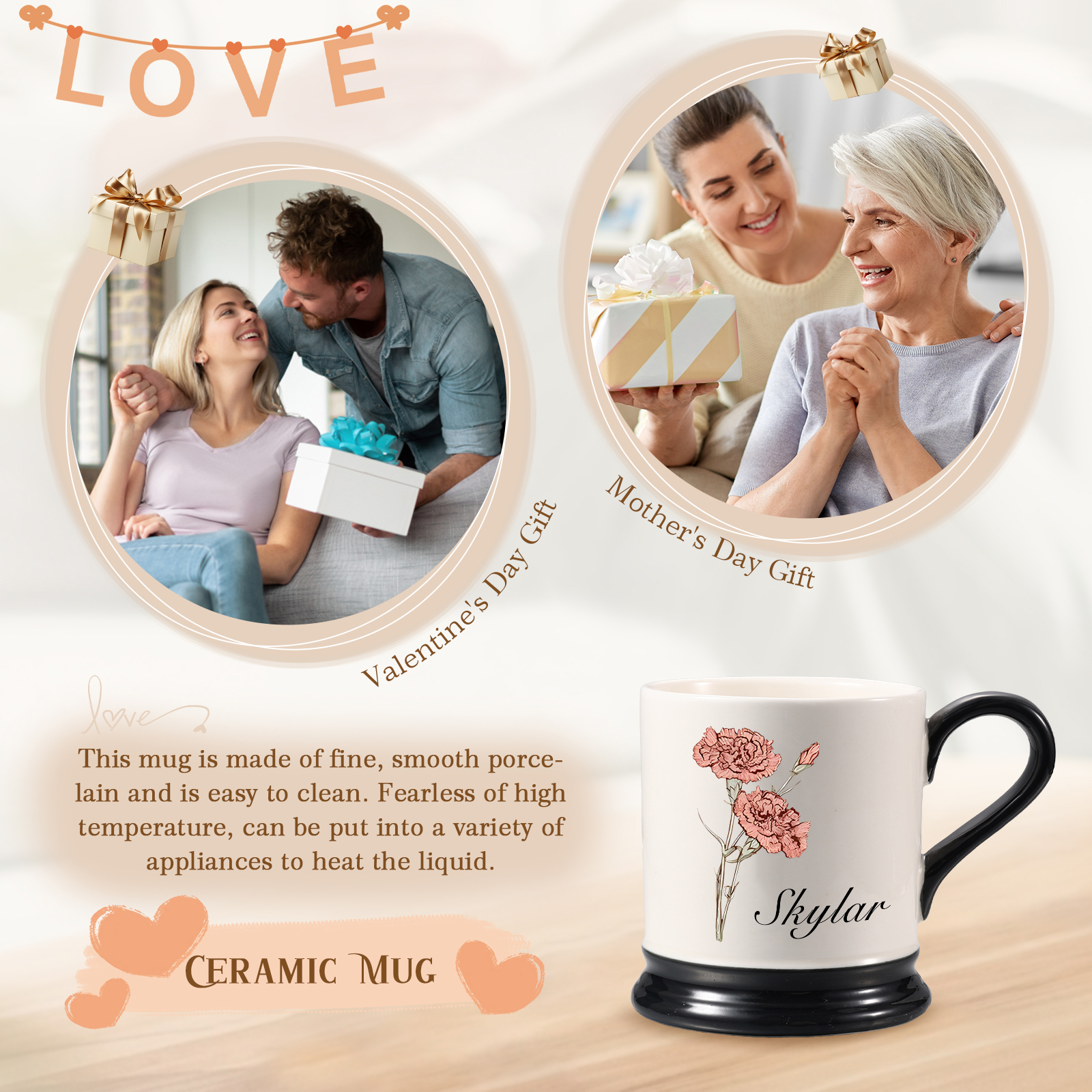 Personalised Ceramic Mug with Custom Name & Birth Flower – Gift for Partner & Family | Jessemade