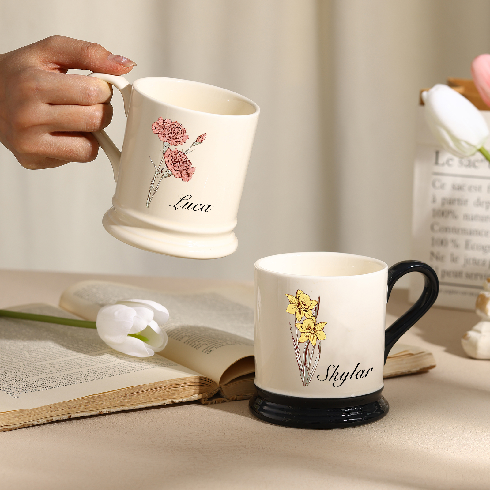 Personalised Ceramic Mug with Custom Name & Birth Flower – Gift for Partner & Family | Jessemade