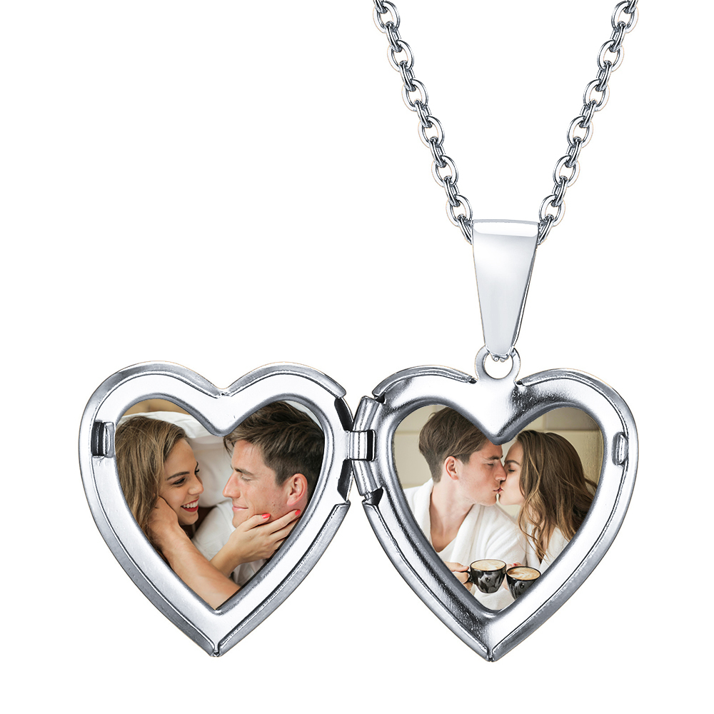 Personalised Heart Shaped Locket Necklace Custom with 2 Photos and 1 T