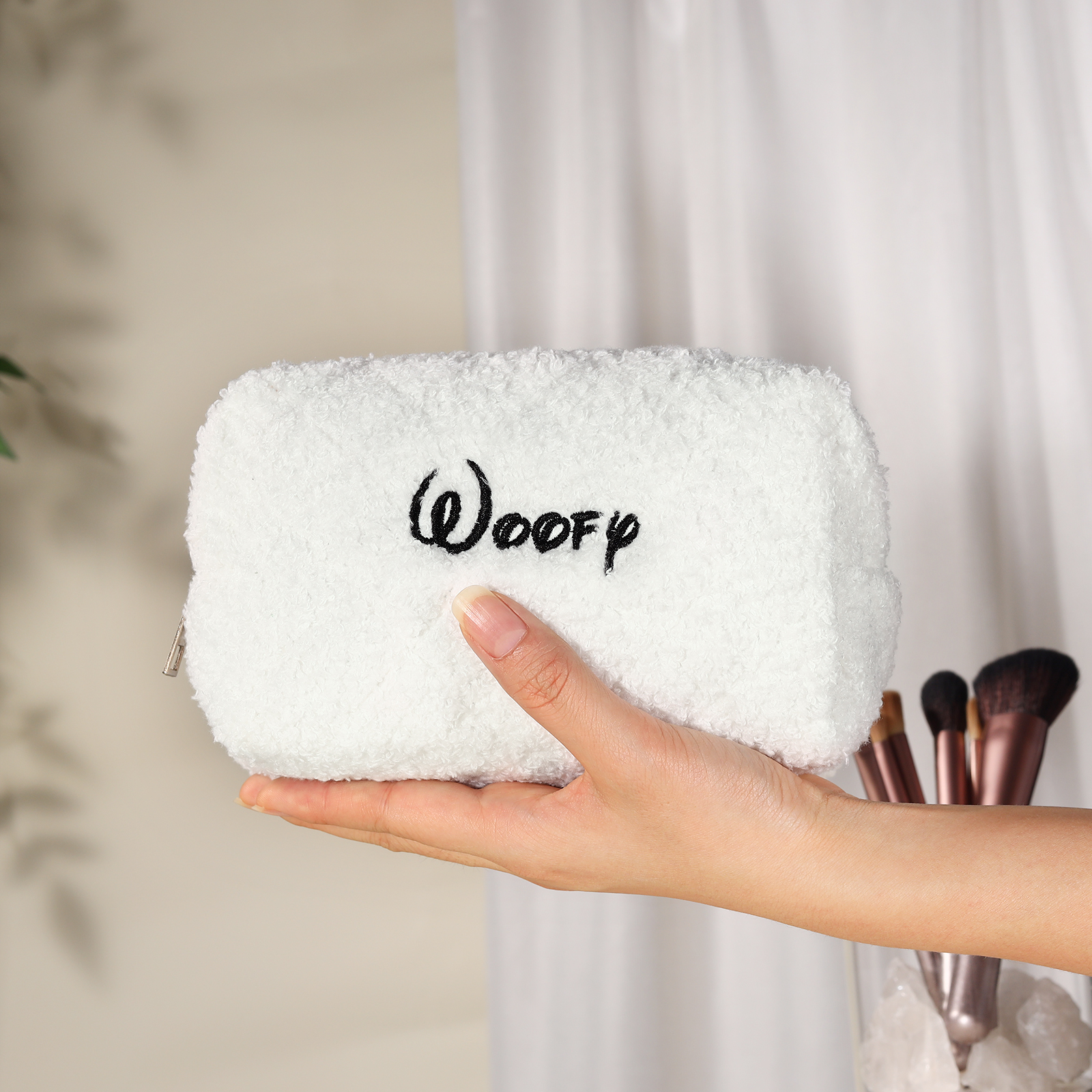 Personalised Embroidered Name Makeup Bag Bridesmaid Cosmetic Pouch Furry Toiletry Organizer Christmas and Bridal Shower Gift Gift for Her | Jessemade