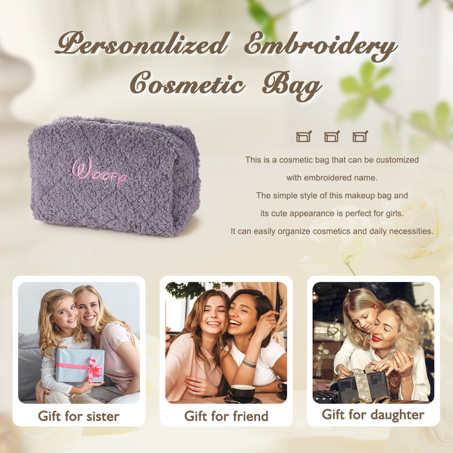 Personalised Embroidered Name Makeup Bag Bridesmaid Cosmetic Pouch Furry Toiletry Organizer Christmas and Bridal Shower Gift Gift for Her | Jessemade