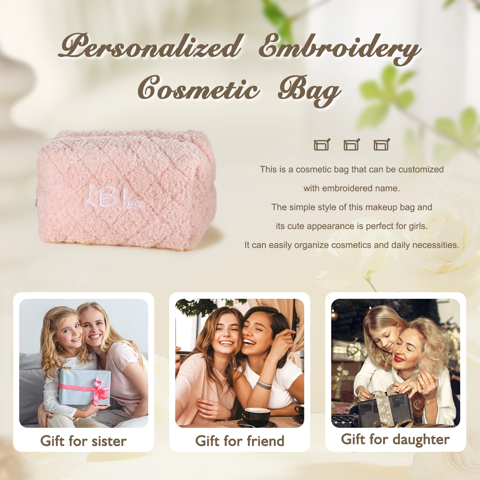 Personalised Embroidered Name Makeup Bag Bridesmaid Cosmetic Pouch Furry Toiletry Organizer Christmas and Bridal Shower Gift Gift for Her | Jessemade