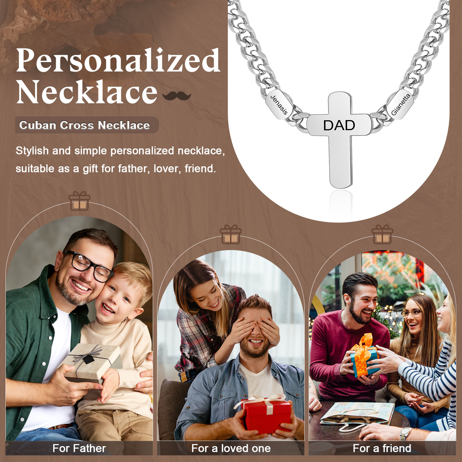 Personalised Men’s Necklace – Stainless Steel Chain Customized with 2-4 Names and Texts – Gift for Dad | Jessemade