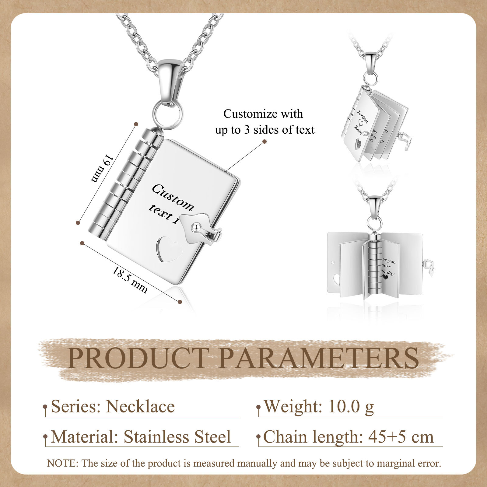 Personalised Steel Petite Book Locket Necklace Custom Message Pendant Charm Perfect Gift for Her | Jessemade