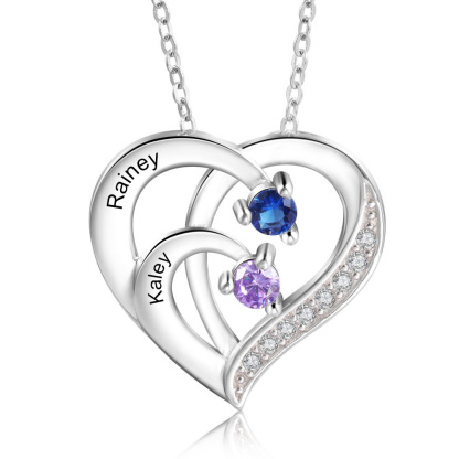 Personalised Heart Necklace with Custom 2 Names & 2 Birthstones - Women's Pendant Christmas Gift for Mum/Nan | Jessemade