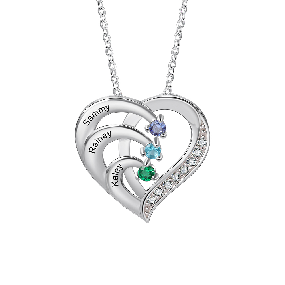 Personalised Heart Necklace with Custom 3 Names & 3 Birthstones - Women's Pendant Christmas Gift for Mum/Nan | Jessemade