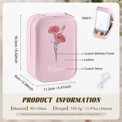 Personalised Birth Flower Portable Leather Jewelry Box with Name and LED Three Color Adjustable Makeup Mirror Travel Essential | Jessemade