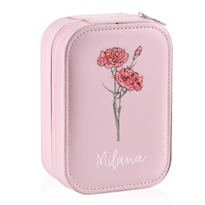 Personalised Birth Flower Portable Leather Jewelry Box with Name and LED Three Color Adjustable Makeup Mirror Travel Essential | Jessemade