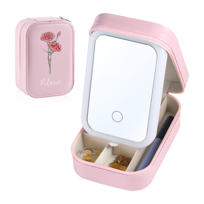 Personalised Birth Flower Portable Leather Jewelry Box with Name and LED Three Color Adjustable Makeup Mirror Travel Essential | Jessemade