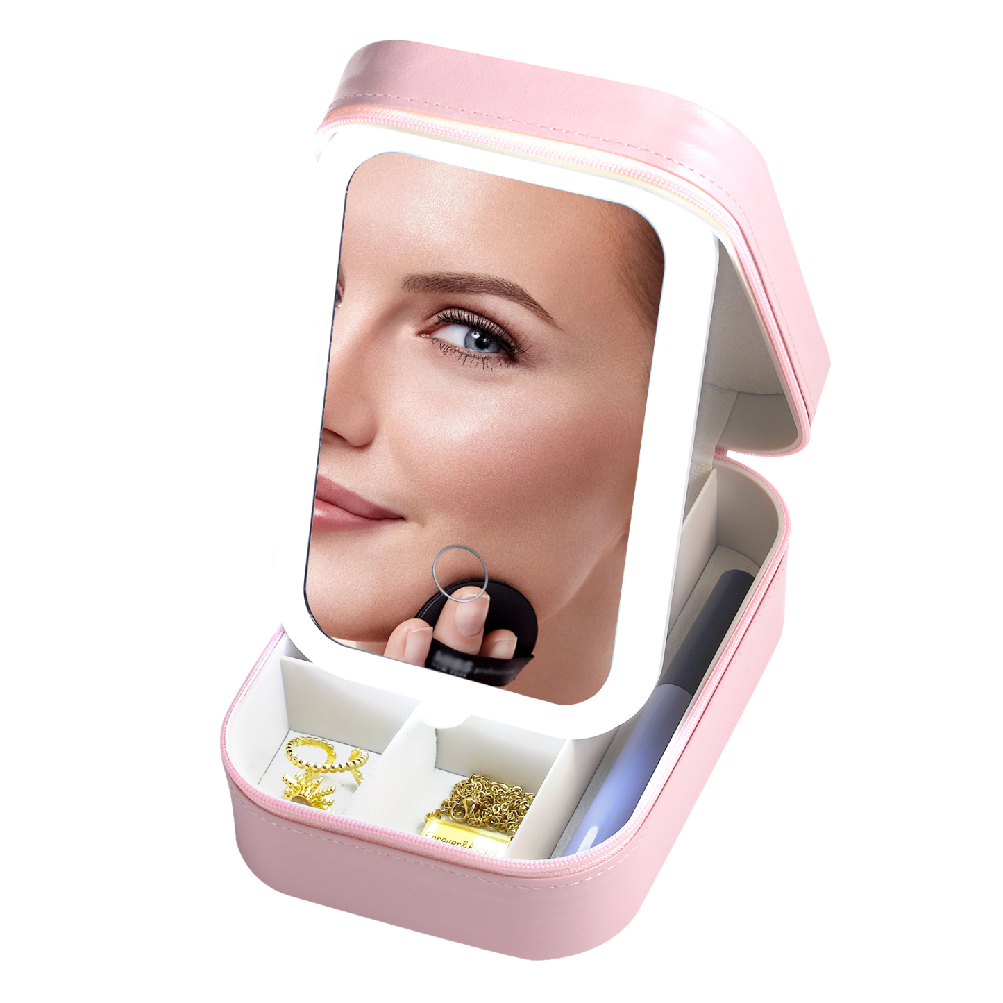 Personalised Birth Flower Portable Leather Jewelry Box with Name and LED Three Color Adjustable Makeup Mirror Travel Essential | Jessemade