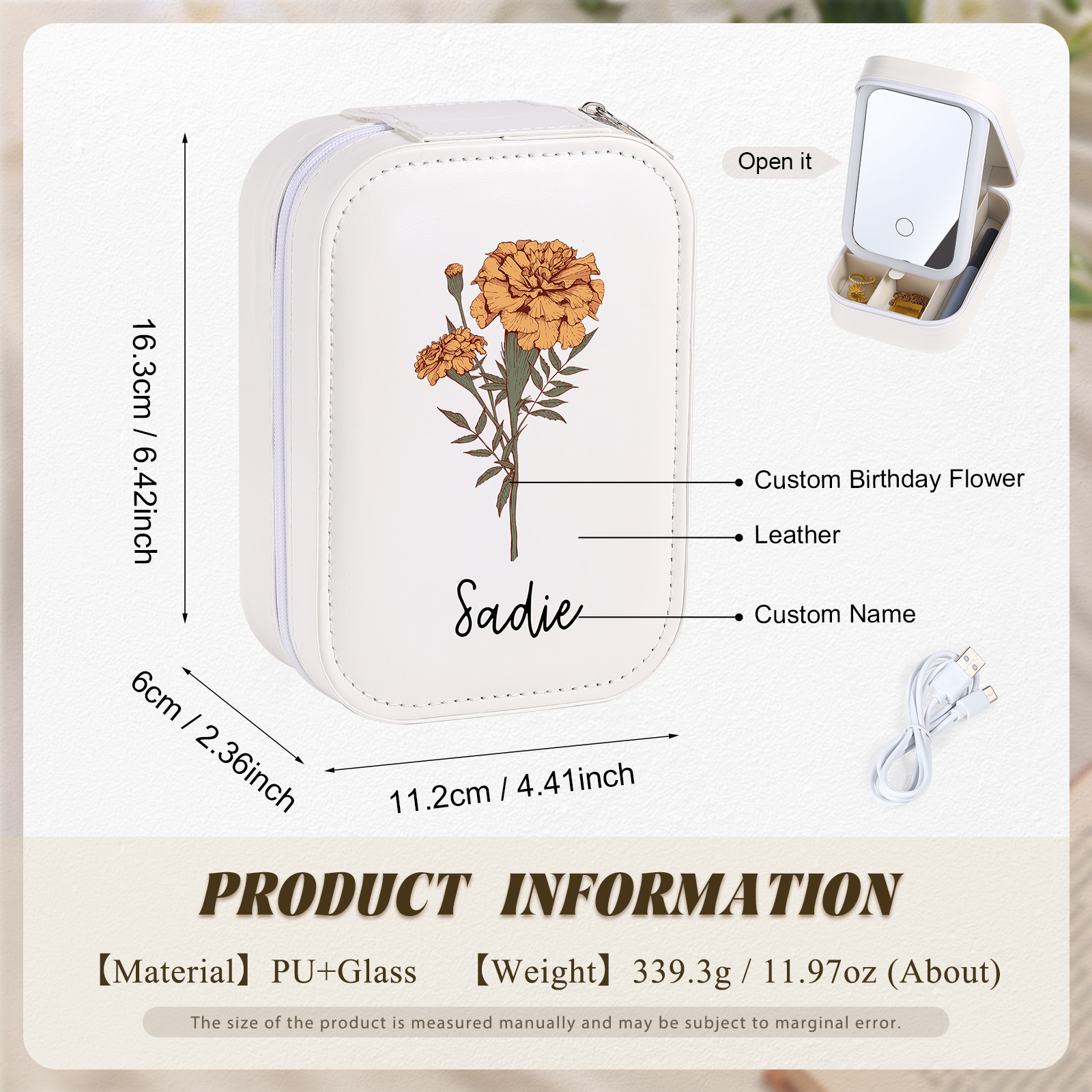 Personalised Birth Flower Portable Leather Jewelry Box with Name and LED Three Color Adjustable Makeup Mirror Travel Essential | Jessemade