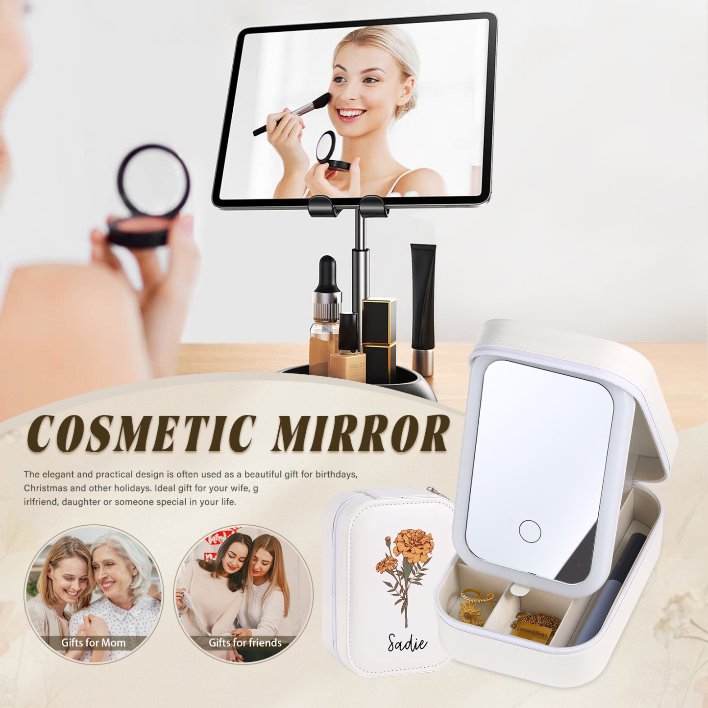 Personalised Birth Flower Portable Leather Jewelry Box with Name and LED Three Color Adjustable Makeup Mirror Travel Essential | Jessemade