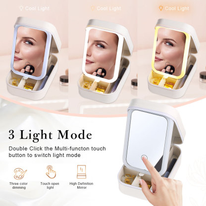 Personalised Birth Flower Portable Leather Jewelry Box with Name and LED Three Color Adjustable Makeup Mirror Travel Essential | Jessemade