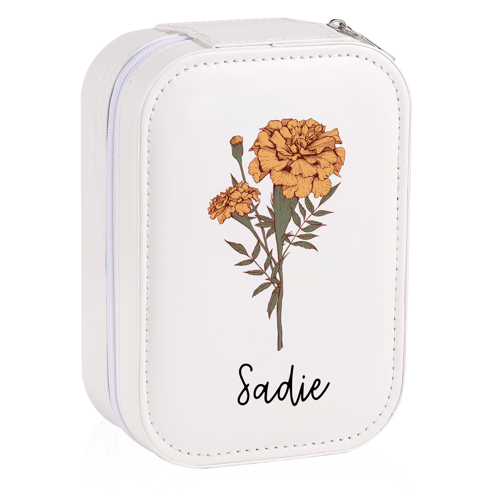 Personalised Birth Flower Portable Leather Jewelry Box with Name and LED Three Color Adjustable Makeup Mirror Travel Essential | Jessemade