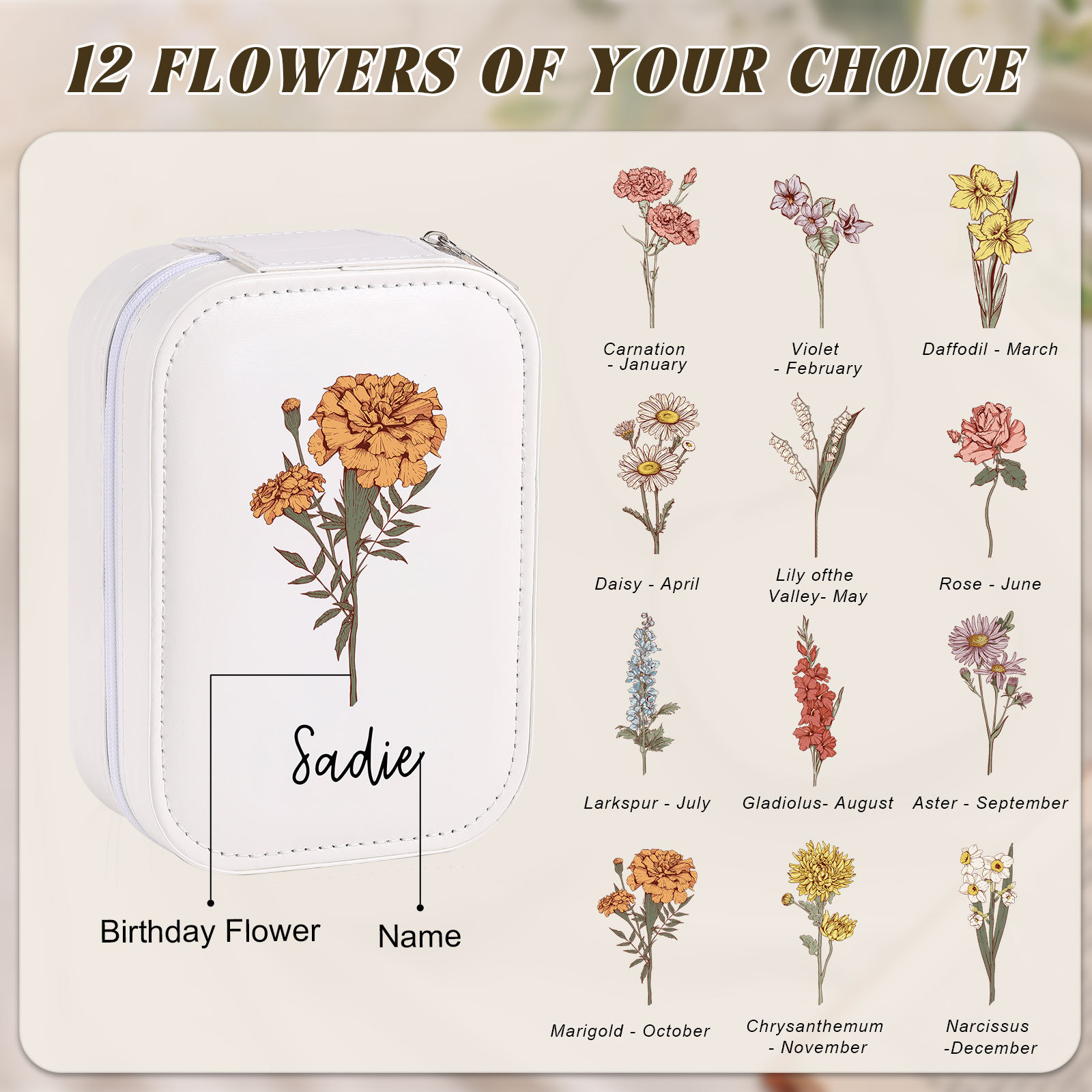 Personalised Birth Flower Portable Leather Jewelry Box with Name and LED Three Color Adjustable Makeup Mirror Travel Essential | Jessemade