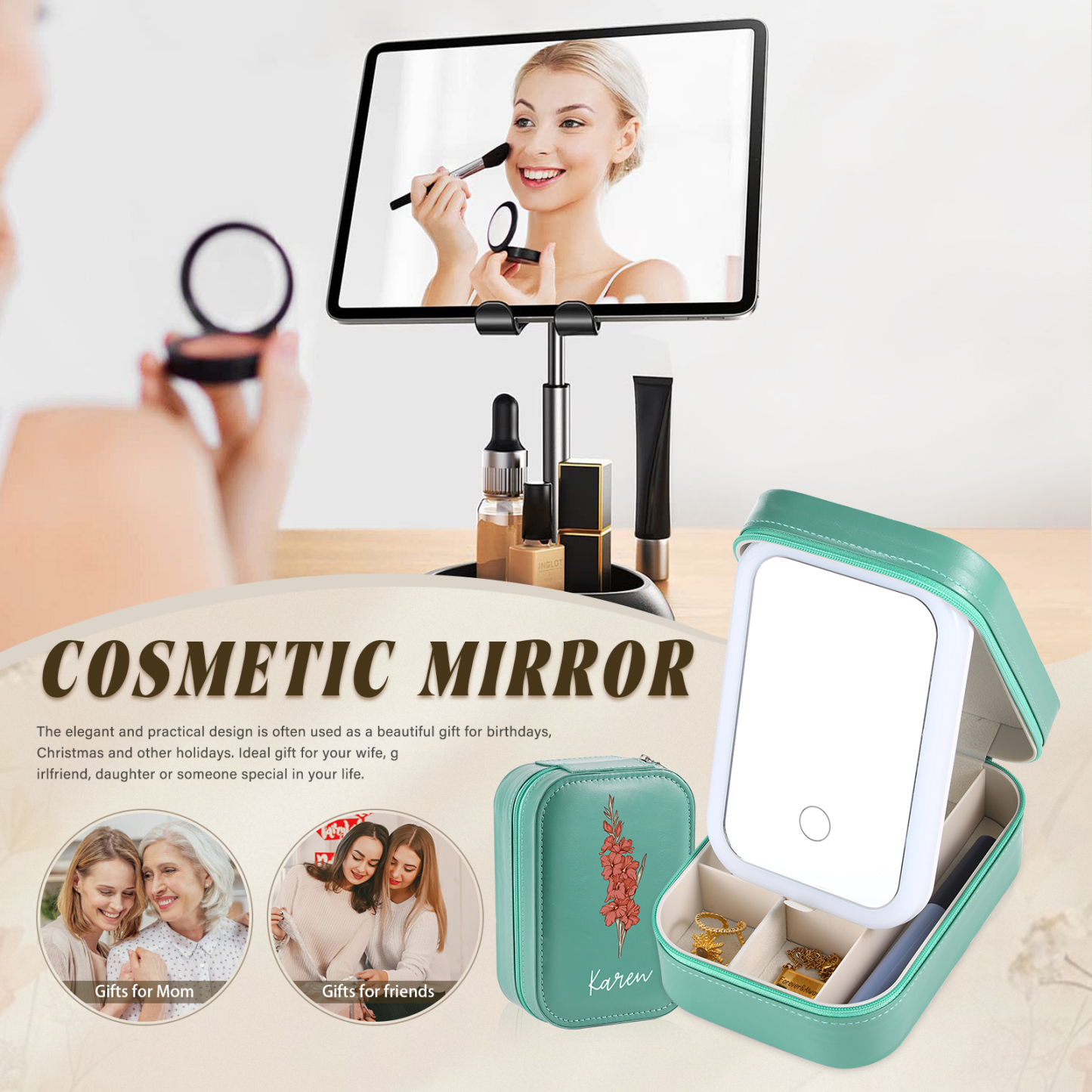 Personalised Birth Flower Portable Leather Jewelry Box with Name and LED Three Color Adjustable Makeup Mirror Travel Essential | Jessemade
